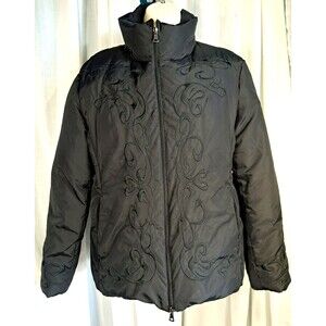 Guess Women’s Down Puffer Jacket Black Embroidered Full Zip Ski Western Large
